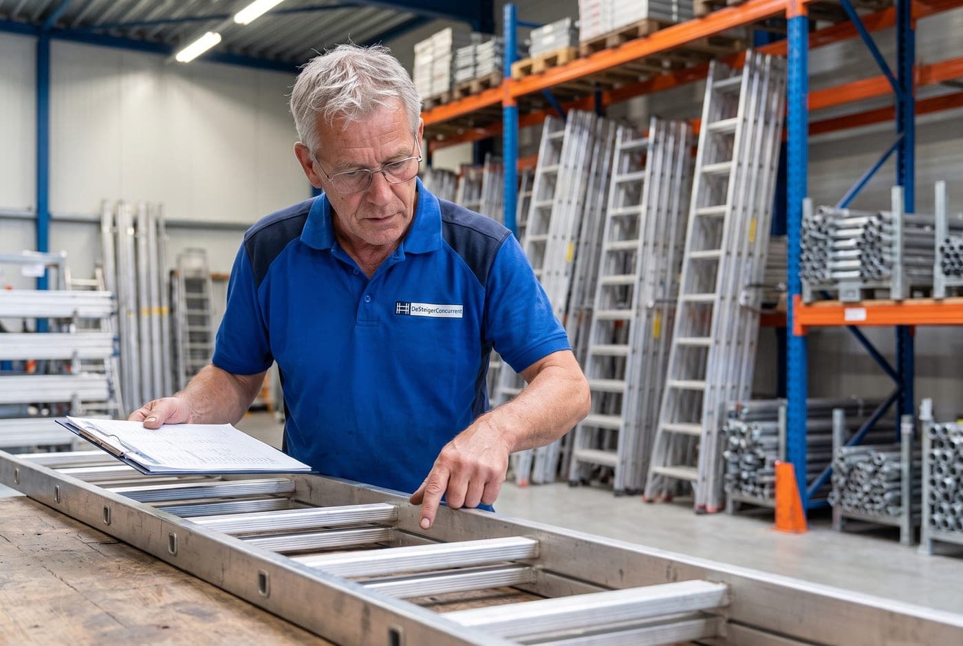 Een medewerker van DeSteigerConcurrent keurt een ladder in het magazijn