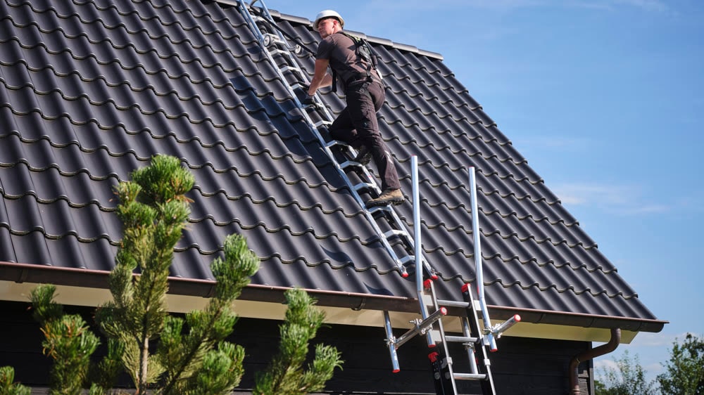 Dakladder met nokhaak op een pannendak, met een gewone ladder die boven de goot uitsteekt